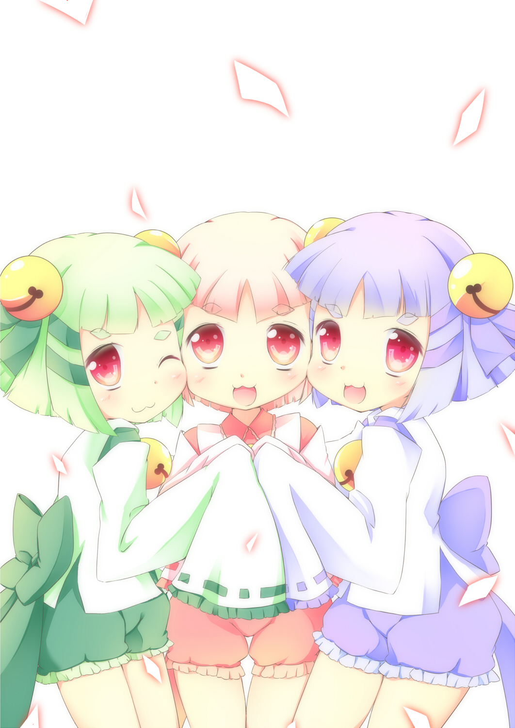 3girls, :3, bell, gen'ei_wo_kakeru_taiyo, green_hair, hair_ornament, highres, multiple_girls