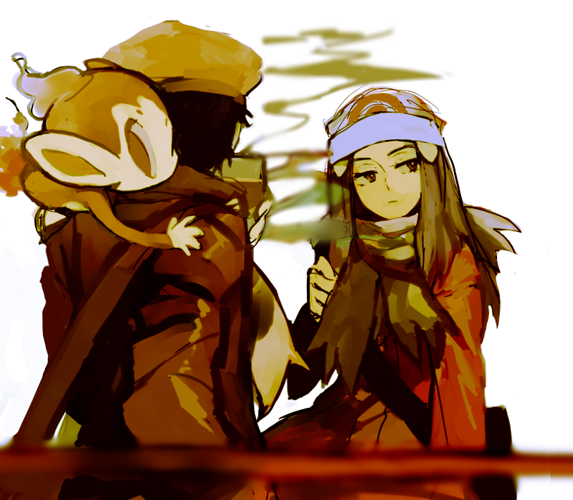 1boy, 1girl, bag, beanie, black_hair, chimchar, hair_ornament, hairclip