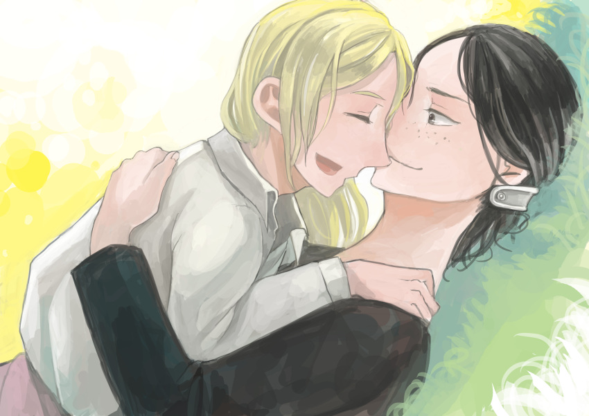 2girls, absurdres, black_hair, blonde_hair, christa_renz, closed_eyes, couple, dddsachio