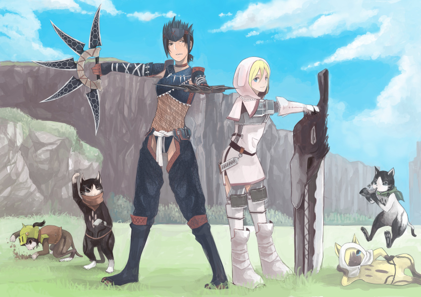 absurdres, animalization, annie_leonhardt, blade, cat, christa_renz, dddsachio, dual_wielding
