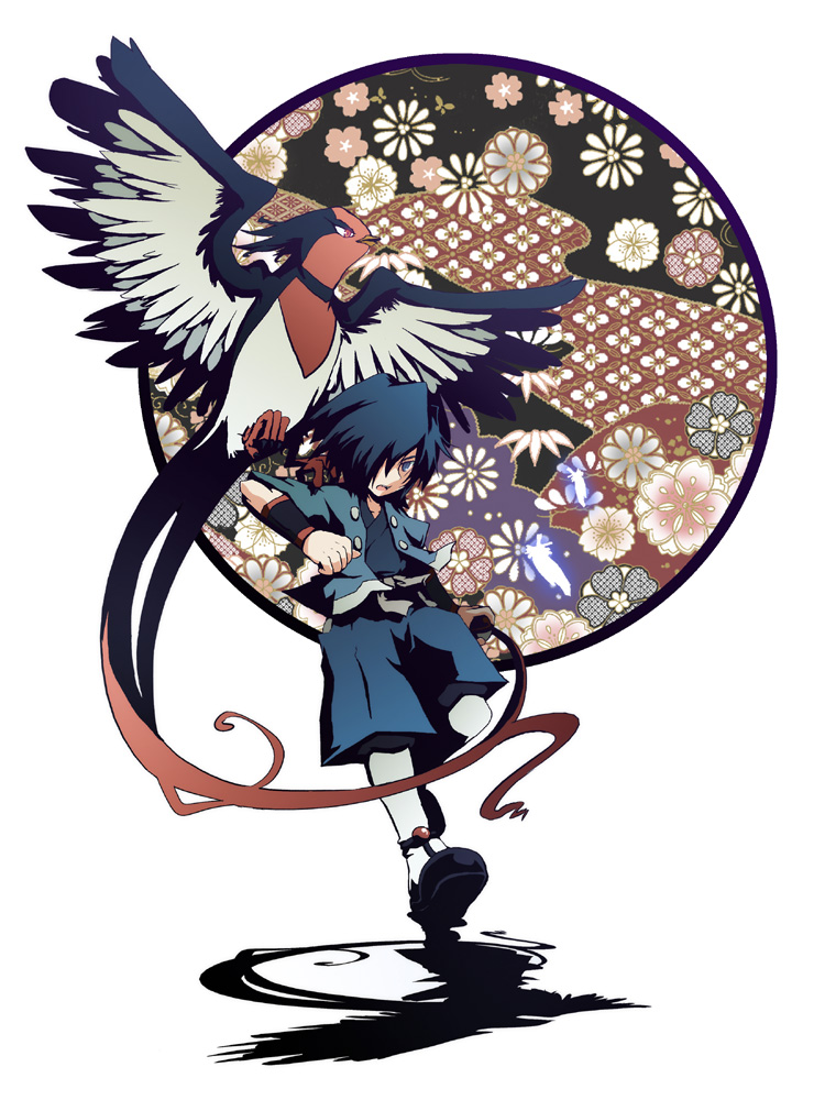 1boy, blue_hair, floral_background, gym_leader, hair_over_one_eye, harushippuu, hayato_(pokemon), japanese_clothes, poke_ball, pokemon, pokemon_(creature), pokemon_(game), pokemon_gsc, swellow