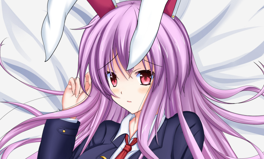 1girl, animal_ears, blazer, necktie, on_bed, purple_hair, rabbit_ears, reisen_udongein_inaba