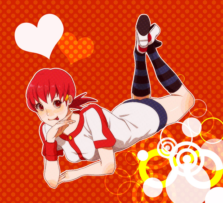akane_(pokemon), asa_(oaasvxr), gym_leader, hair_ornament, heart, longue, lying, nintendo, on_stomach, pokemon, pokemon_(game), pokemon_gsc, ponytail, red_eyes, red_hair, redhead, short_hair, solo, striped, striped_legwear, thigh-highs, thighhighs, tongue, twintails