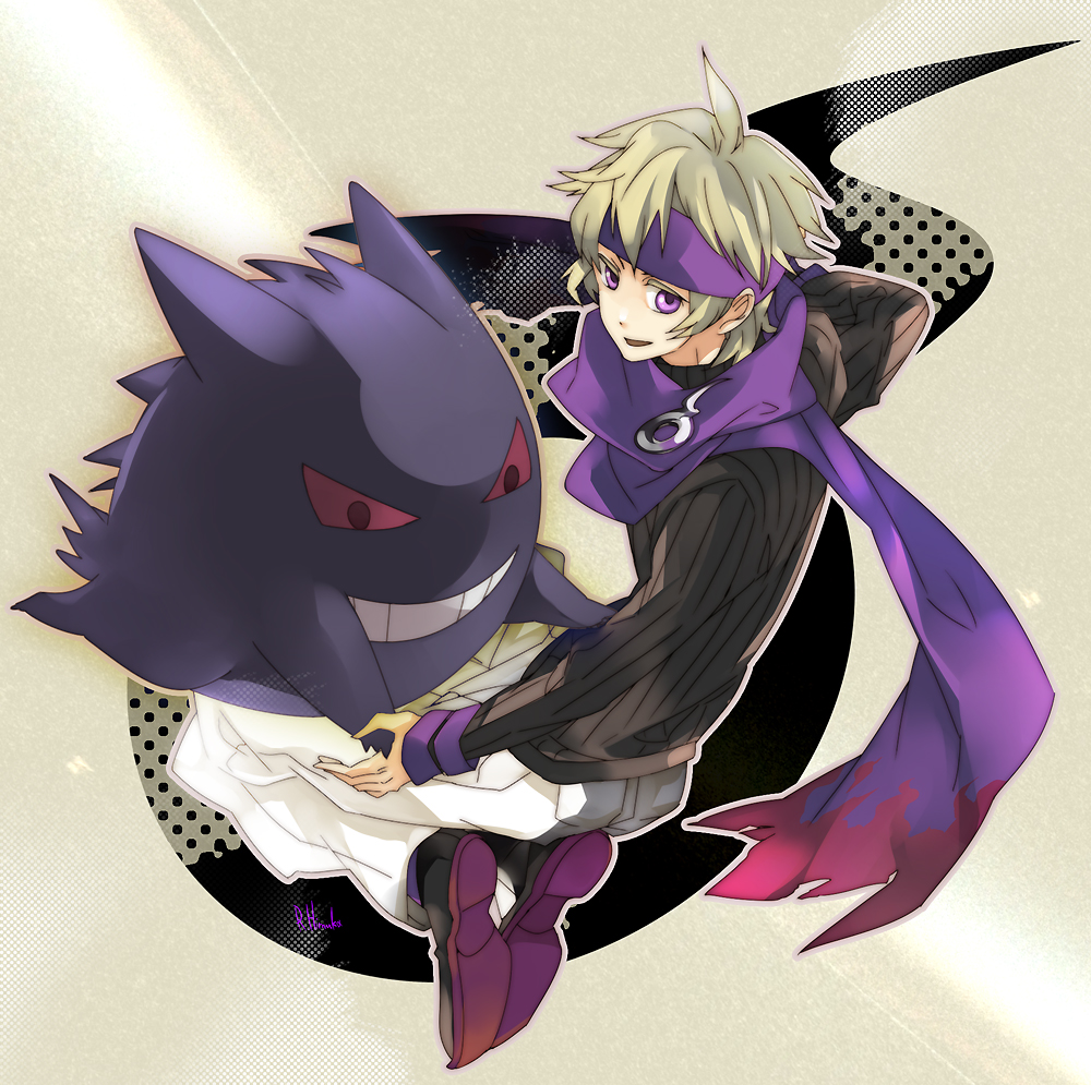 gengar, gym_leader, himuka_roko, matsuba_(pokemon), nintendo, pokemon, pokemon_(game), pokemon_gsc, purple_eyes, red_eyes, roko_(artist), scarf