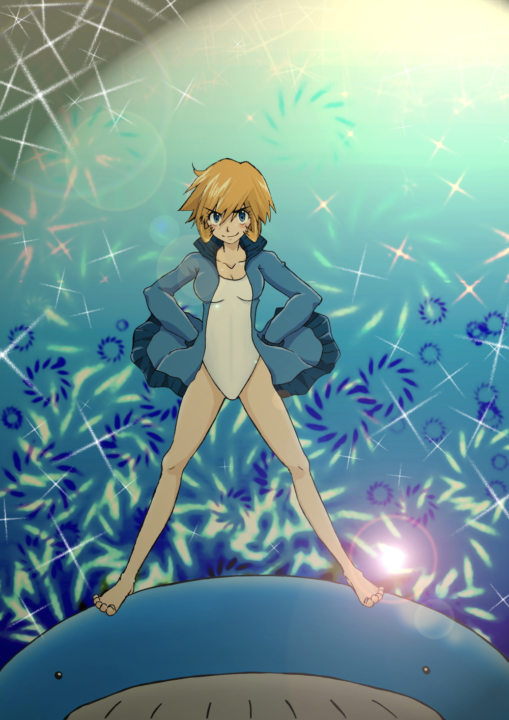 1girl, barefoot, blue_eyes, blush, bou_erika, feet, game_face, gym_leader, hands_on_hips, highres, jacket, kasumi_(pokemon), kasumi_(pokemon)_(hgss), lens_flare, misty_(pokemon), one-piece_swimsuit, orange_hair, pokemon, pokemon_(creature), pokemon_(game), pokemon_gsc, short_hair, smile, spread_legs, standing, swimsuit, toes, wailmer