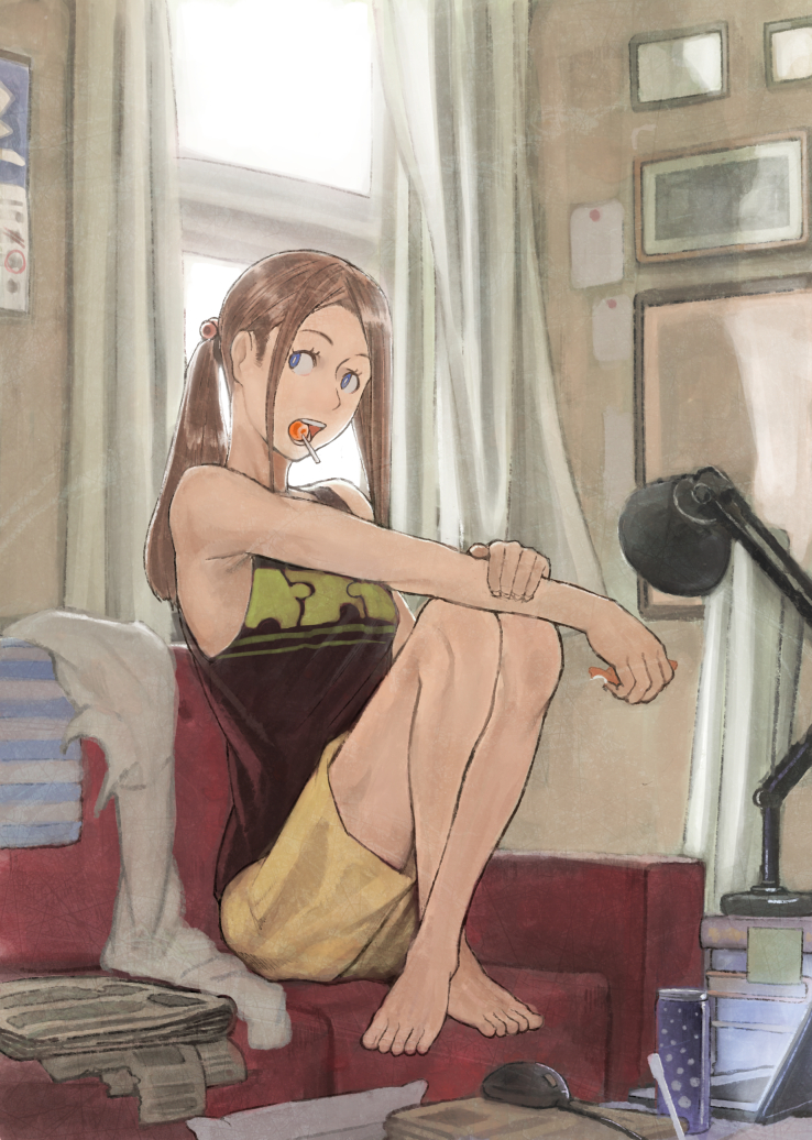 1girl, barefoot, blue_eyes, brown_hair, computer_mouse, couch, female, legs
