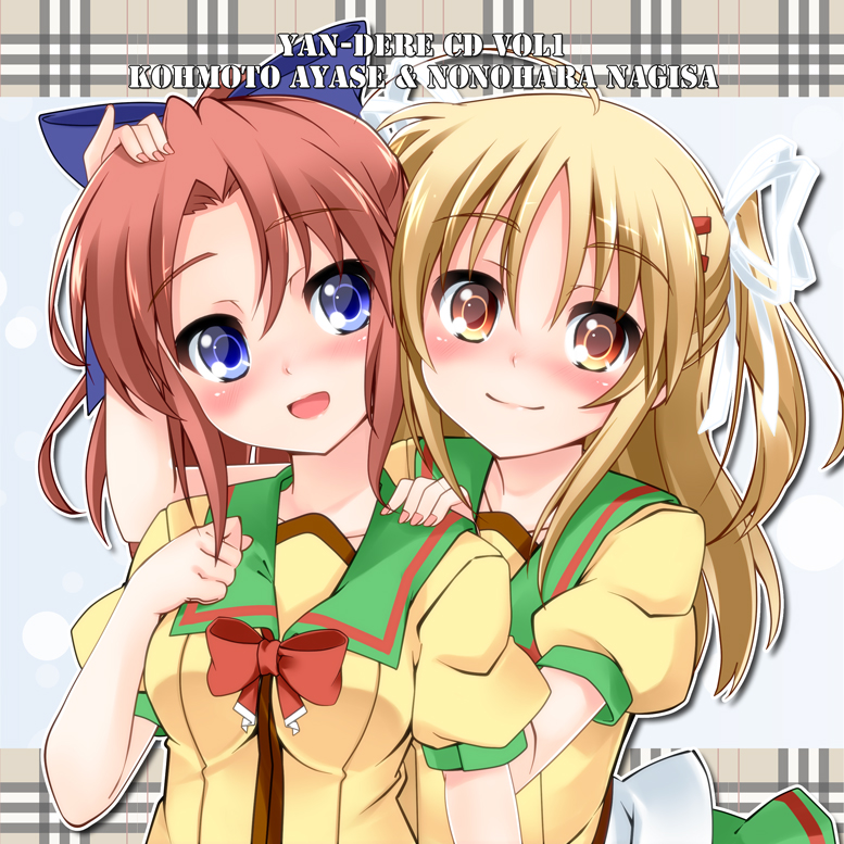 2girls, blue_eyes, blush, hair_ornament, hair_ribbon, hairclip, hug, hug_from_behind