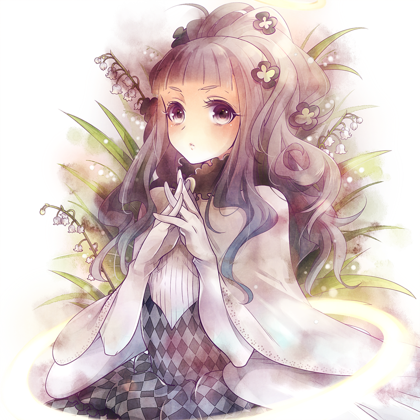 1girl, cape, checkered, checkered_skirt, elbow_gloves, flower, gloves, hair_ornament