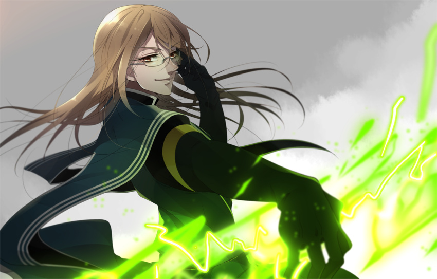 1boy, adjusting_glasses, black_gloves, brown_eyes, brown_hair, cape, cape_lift, clouds, cloudy_sky, glasses, gloves, jade_curtiss, long_hair, magic, niiko, tales_of_(series), tales_of_the_abyss