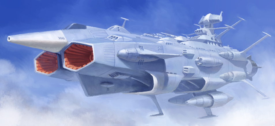 andromeda_(uchuu_senkan_yamato), antennae, cannon, clouds, energy_weapon, flying, fmu, realistic