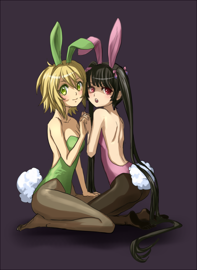 2girls, akatsuki_kirika, animal_costume, animal_ears, bangs, bare_shoulders, black_hair, blonde_hair