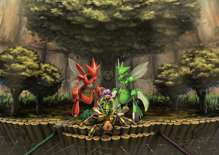 1boy, ariados, caterpie, foreshortening, grin, gym_leader, higashiyama_hayato, highres