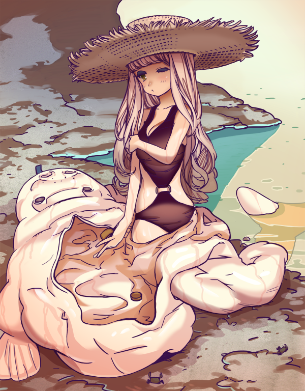 1girl, costume, dachaku, hat, holding_arm, long_hair, manatee_costume, original