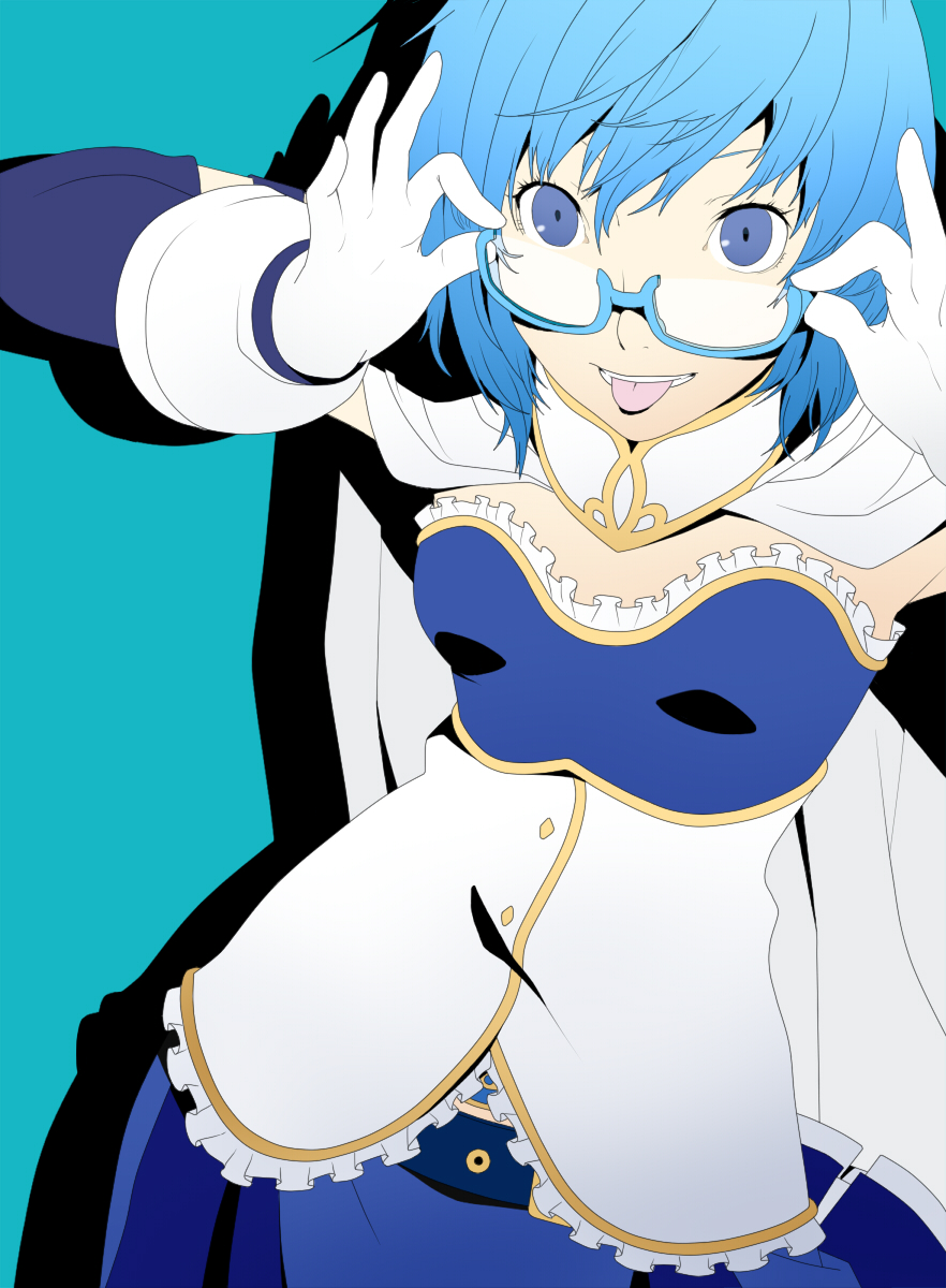 1girl, :p, bespectacled, blue, blue-framed_glasses, blue_background, blue_eyes, blue_hair