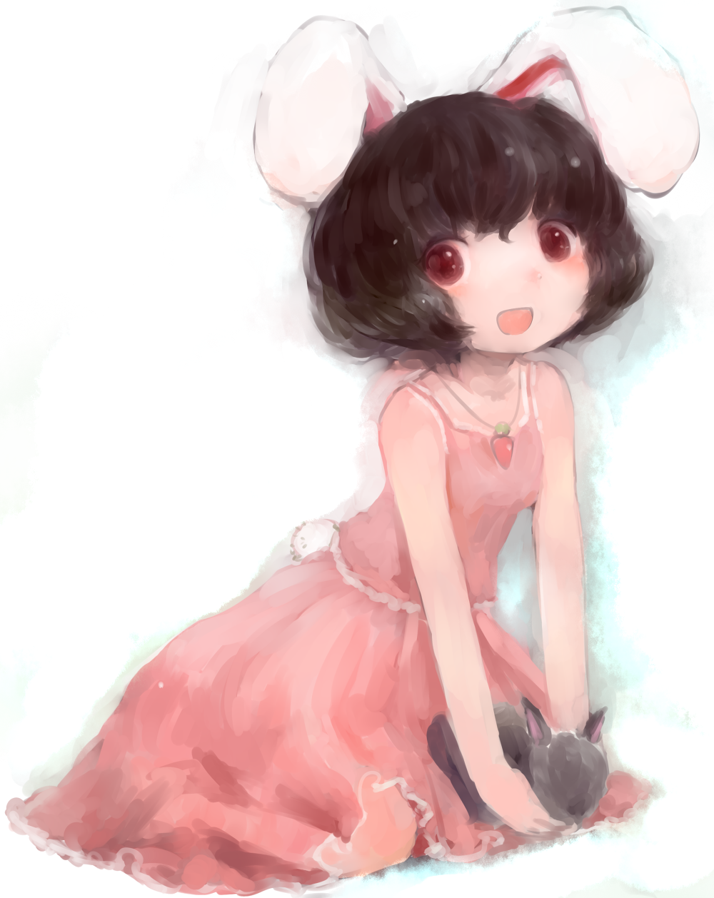 1girl, animal_ears, bare_arms, bare_shoulders, black_hair, bunny_tail, carrot, dress