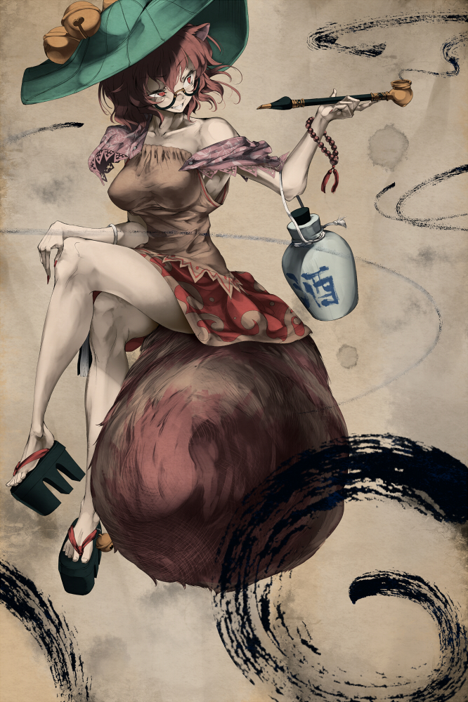 animal_ears, bare_shoulders, bell, bottle, bracelet, brown_eyes, brown_hair, collarbone
