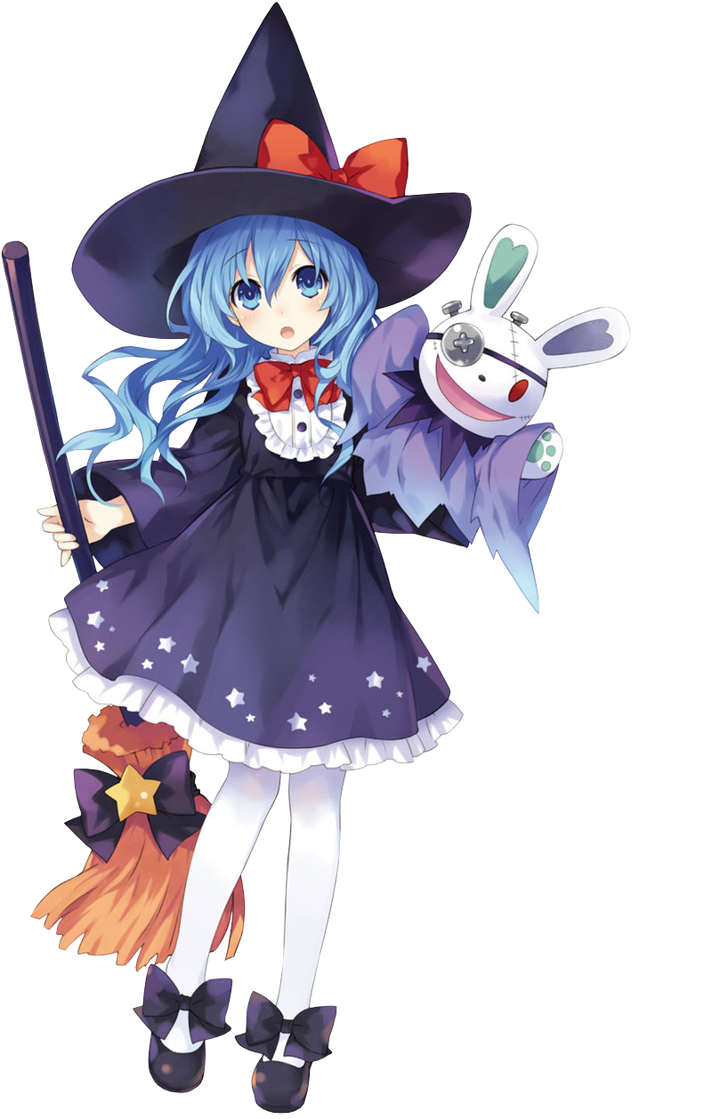 1girl, blue_eyes, blue_hair, broom, date_a_live, halloween_costume, hat, highres