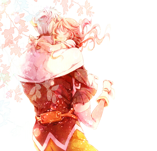 1boy, 1girl, byrocks_burrows, closed_eyes, couple, gloves, happy, height_difference, hetero, hug, kou_(01310808), long_hair, peridot_hamilton, pink_hair, pink_legwear, shoes, skirt, tales_of_(series), tales_of_hearts, thigh-highs, white_hair