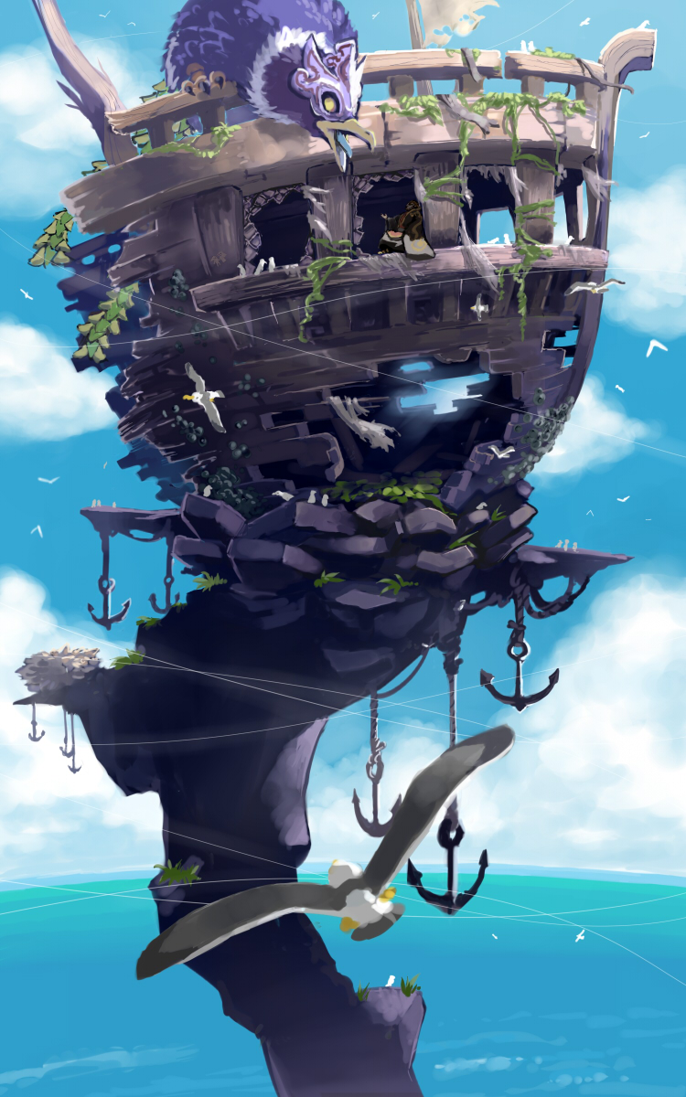 1boy, anchor, bird, bird_nest, blue_sky, blue_tongue, broken_glass, broken_window