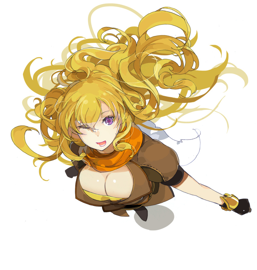 blonde_hair, breasts, cleavage, from_above, gloves, highres, large_breasts, long_hair, looking_at_viewer, rwby, sakura_sora, smile, violet_eyes, wink, yang_xiao_long