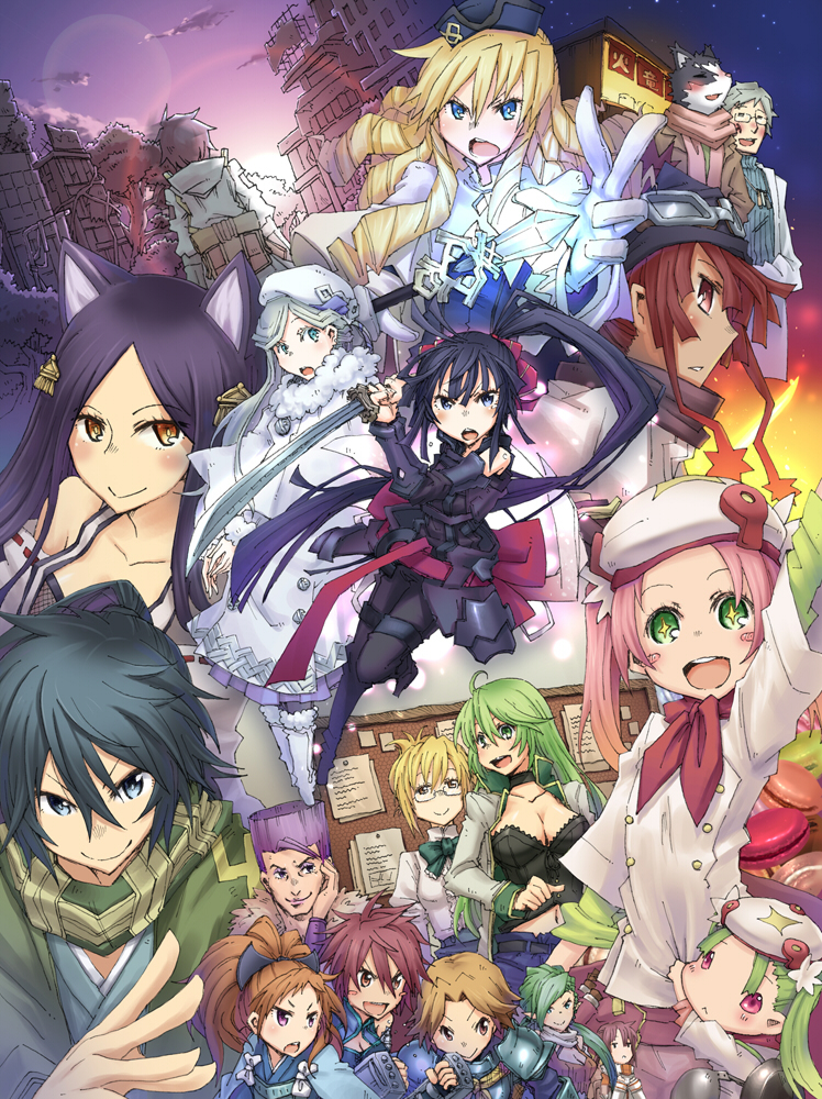 akatsuki_(log_horizon), ally_(log_horizon), animal_ears, annotated, armor, beret, blonde_hair, blue_eyes, blue_hair, brown_eyes, brown_hair, cape, cat, dolce_(log_horizon), dress, fingerless_gloves, flagrant_olive, glasses, gloves, green_eyes, green_hair, hat, henrietta_(log_horizon), hisako_(log_horizon), isami_(log_horizon), kawara_(log_horizon), kyouko_(log_horizon), liese_(log_horizon), log_horizon, long_hair, mariel_(log_horizon), mikakage_(log_horizon), nazuna_(log_horizon), nyanta_(log_horizon), pink_hair, ponytail, purple_hair, reinesia_el_arte_cowen, roderick_(log_horizon), sasakamakue, scarf, shiroe, short_hair, soujirou_seta, tatara_(log_horizon)