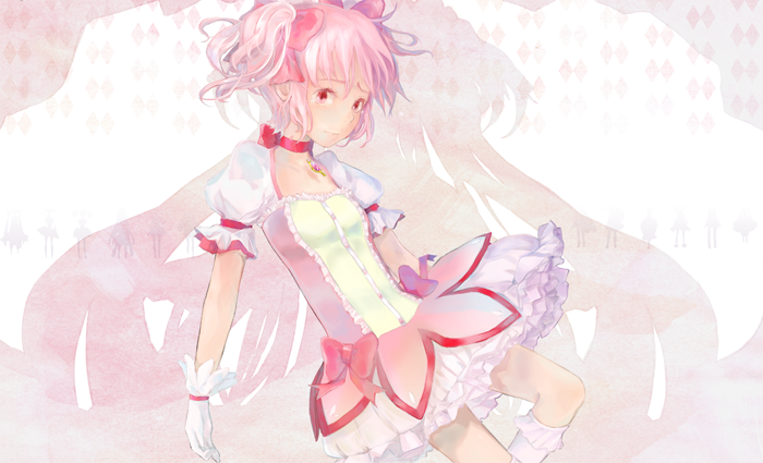 1girl, choker, different_shadow, faux_traditional_media, gem, gloves, kaname_madoka, kneehighs