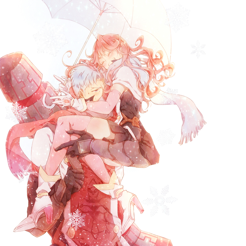 1girl, blush, byrocks_burrows, carrying, closed_eyes, couple, gloves, grin, hetero, kou_(01310808), long_hair, peridot_hamilton, pink_hair, scarf, silver_hair, smile, tales_of_(series), tales_of_hearts, thigh-highs, umbrella