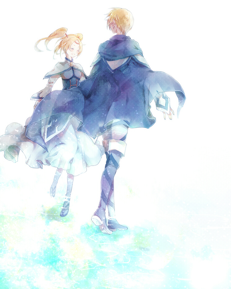 1boy, 1girl, blonde_hair, cape, closed_eyes, couple, dress, earrings, fenimore, hetero, jewelry, kou_(01310808), long_hair, smile, tales_of_(series), tales_of_legendia, twintails, walter_(tales)