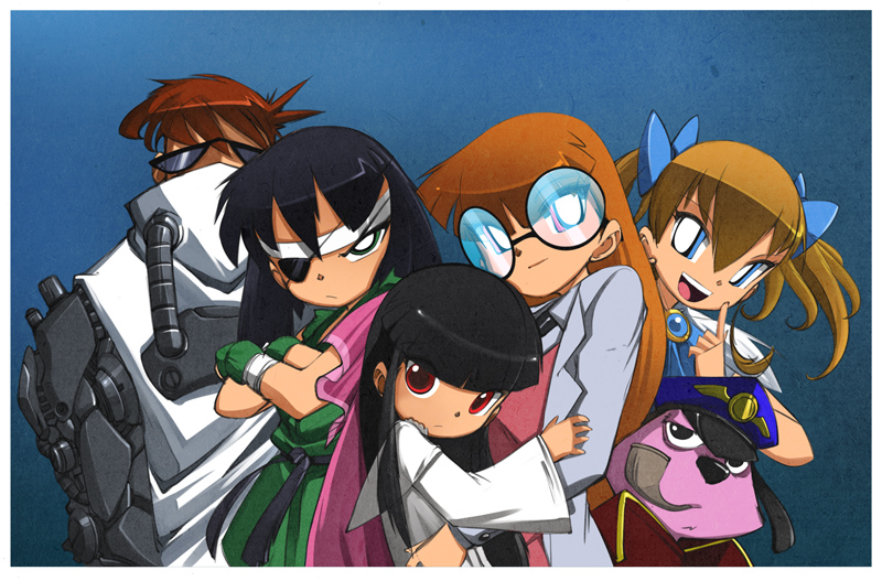 1boy, 4girls, adult, bangs, black_eyes, black_hair, bleedman, blossom_(ppg)