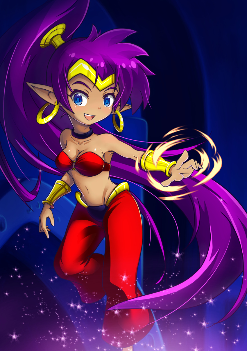 1girl, absurdres, arabian_clothes, bandeau, bare_shoulders, blue_eyes, bracer, breasts