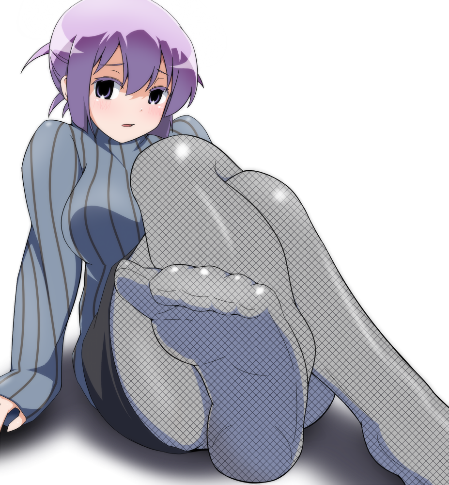 1girl, arm_support, blush, feet, fishnet_pantyhose, fishnets, foreshortening, kainou_yoshiko, leaning_back, long_sleeves, looking_at_viewer, miniskirt, nonohachi, pantyhose, pencil_skirt, purple_hair, saki, short_hair, sitting, skirt, solo, turtleneck, vertical_stripes, violet_eyes, white_background