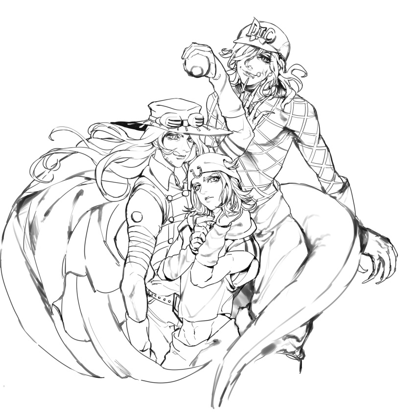 3boys, cape, diego_brando, gyro_zeppeli, hat, highres, johnny_joestar, jojo_no_kimyou_na_bouken