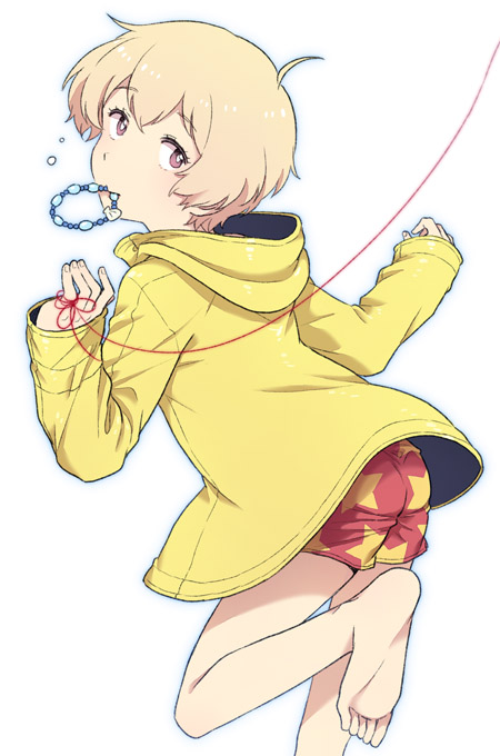 1boy, ass, blonde_hair, haru_(tsuritama), jacket, male, naruko_(nalcoro), red_string, short_hair, shorts, solo, string, tsuritama, violet_eyes