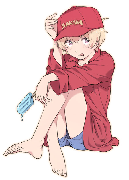 1boy, baseball_cap, blonde_hair, haru_(tsuritama), hat, male, naruko_(nalcoro), popsicle