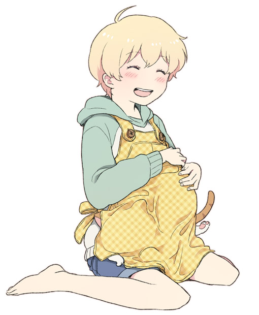1boy, ahoge, apron, blonde_hair, blush, cat, closed_eyes, fake_pregnancy