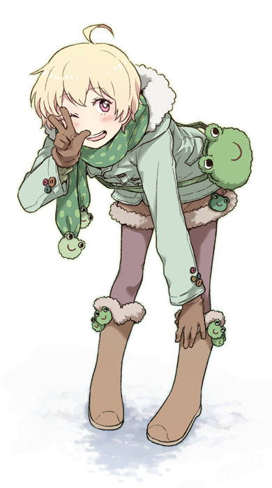 1boy, ahoge, bent_over, blonde_hair, blush, coat, gloves, haru_(tsuritama)