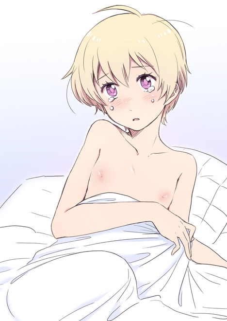 1boy, ahoge, blonde_hair, blush, haru_(tsuritama), male, naruko_(nalcoro), nude