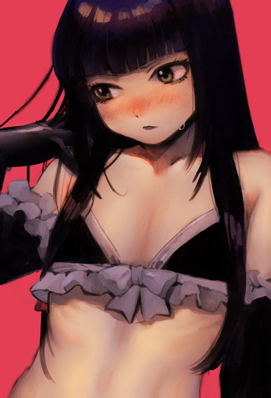 1boy, bangs, black_hair, blunt_bangs, blush, bra, brown_eyes, crossdressinging