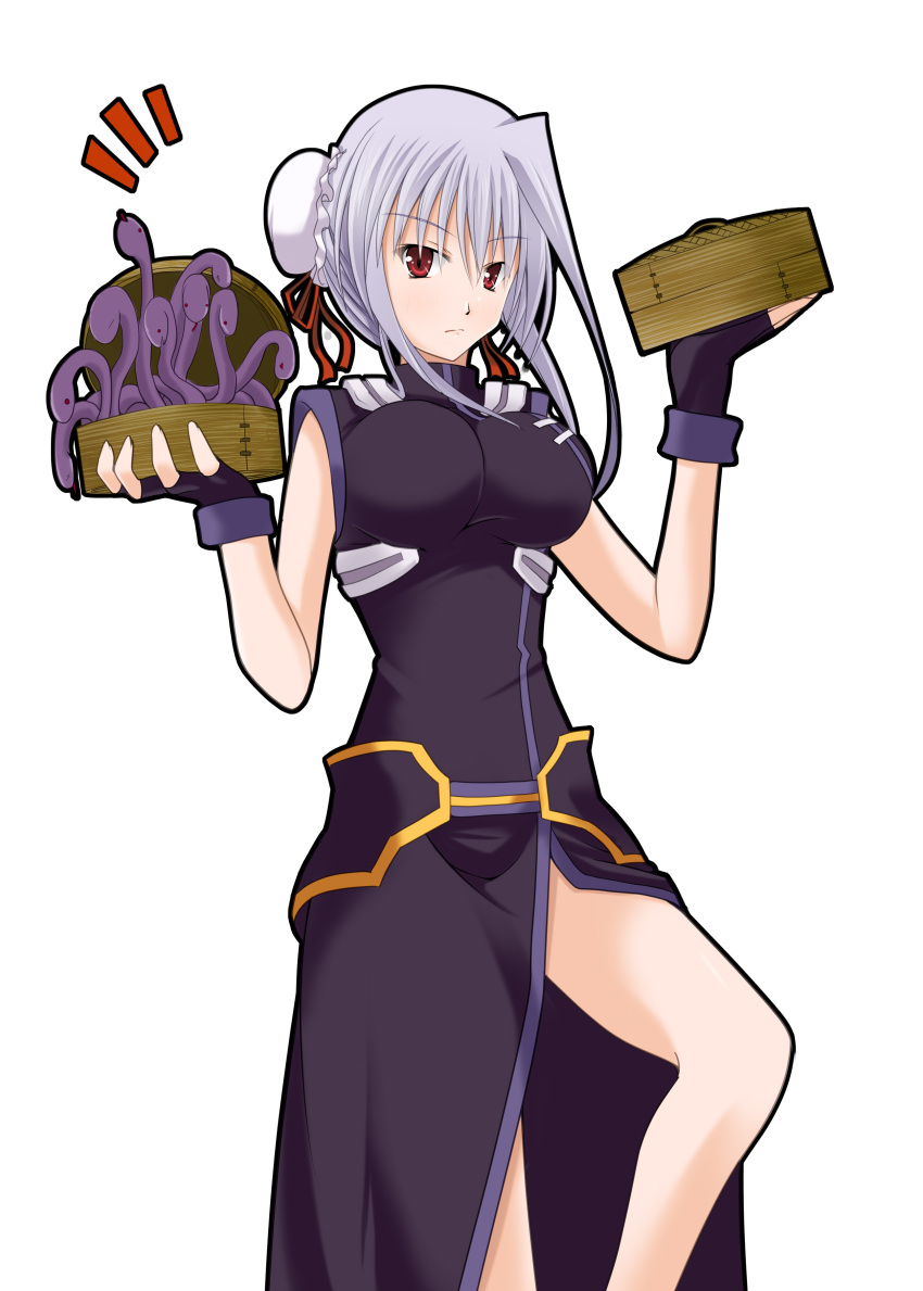 1girl, alternate_hairstyle, bamboo_steamer, blush, breasts, bun_cover, double_bun, dress