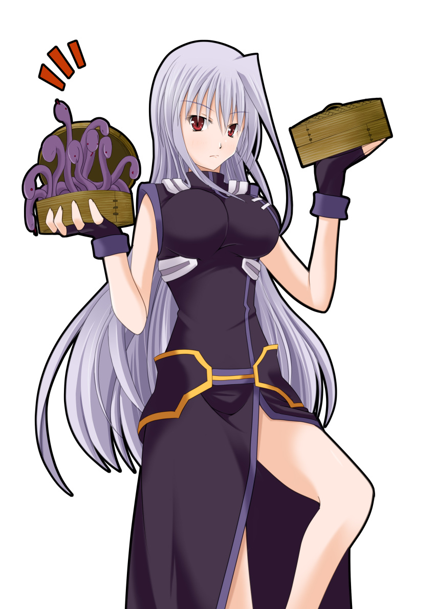 1girl, absurdres, bamboo_steamer, blush, breasts, dress, fingerless_gloves, gloves
