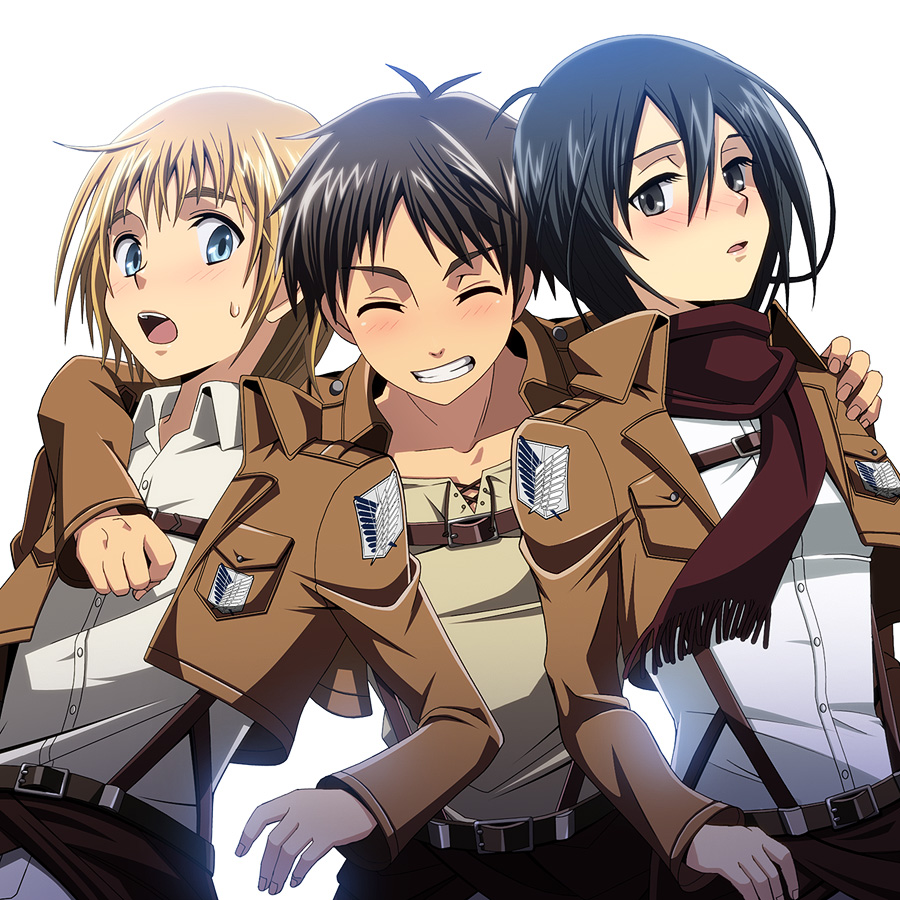 1girl, 2boys, armin_arlert, black_hair, blonde_hair, eren_jaeger, mikasa_ackerman, multiple_boys