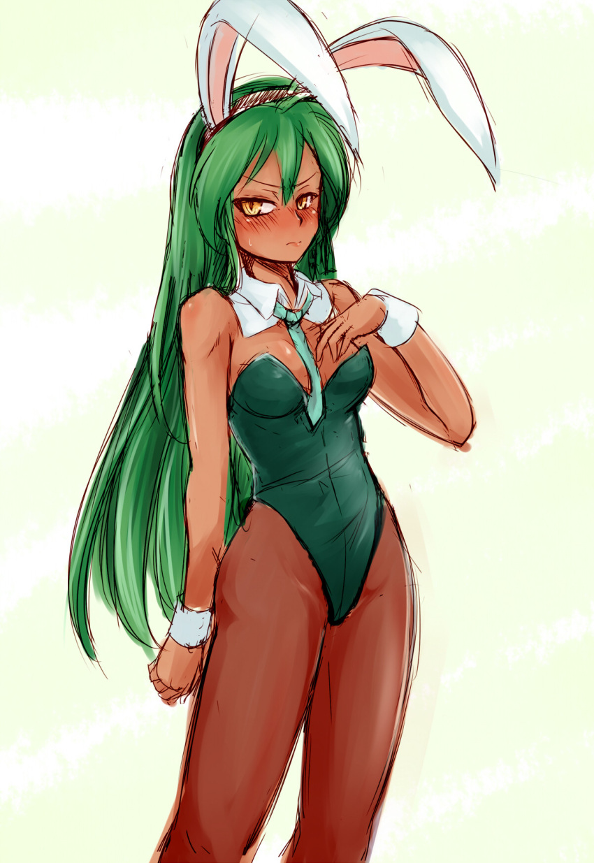 animal_ears, blush, bunny_girl, bunnysuit, dark_skin, green_eyes, hairband, highres, league_of_legends, long_hair, nam_(valckiry), necktie, pantyhose, rabbit_ears, renekton, yellow_eyes