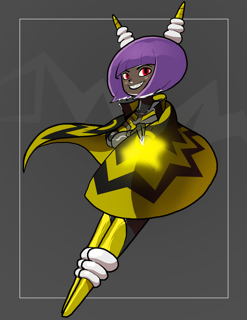 1girl, antennae, atomictiki, bob_cut, cape, crossed_arms, dark_skin, grin
