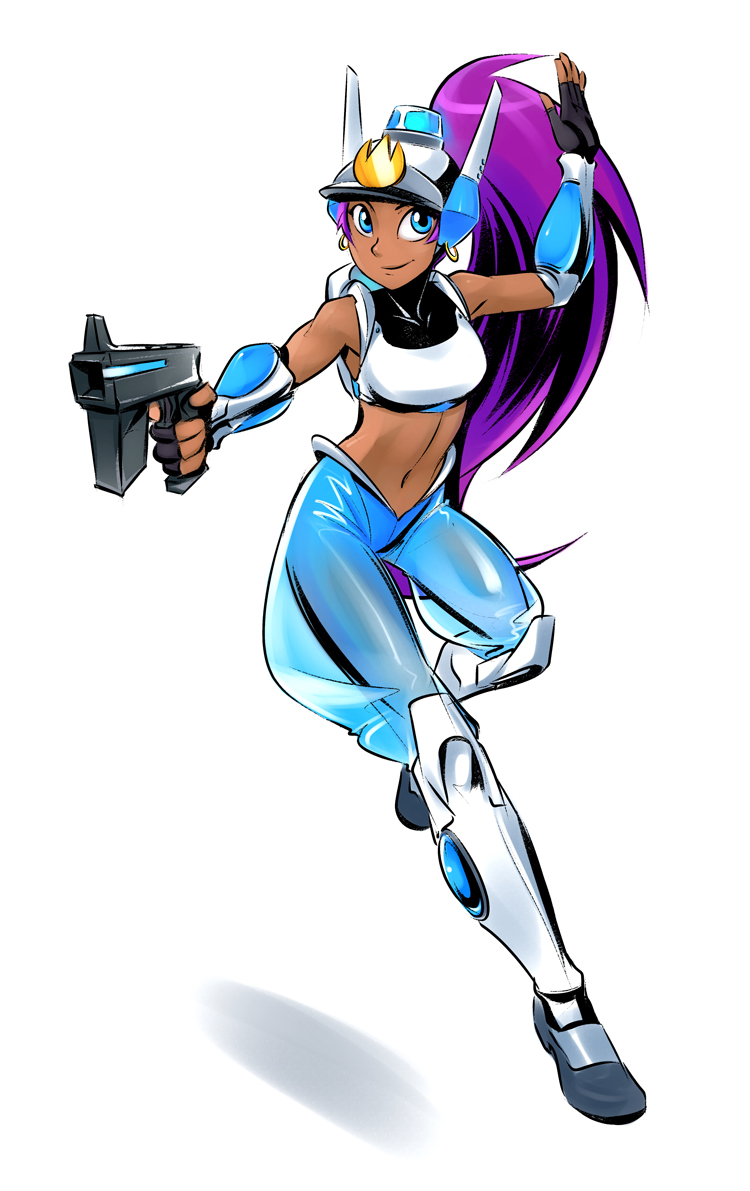 1girl, adapted_costume, blue_eyes, boots, company_connection, cosplay, crop_top, dark_skin