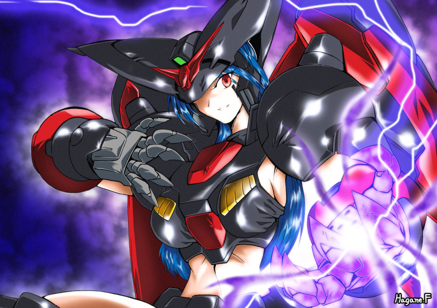 blue_hair, electricity, fighting_stance, g_gundam, glowing, gundam, haganef, long_hair, master_gundam, mecha_musume, midriff, red_eyes, shining_finger