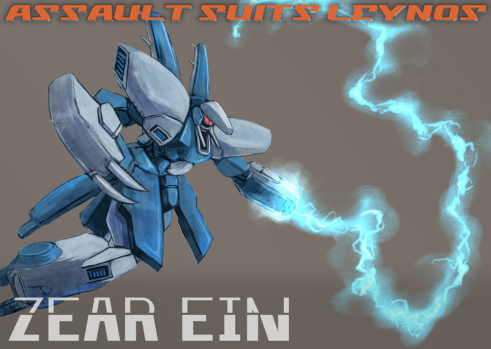 arm_cannon, assault_suit_leynos, assault_suits_series, character_name, electricity, f_(ueuesitasitahidarimigihidarimigi), mecha, no_humans, solo, weapon, zear_ein