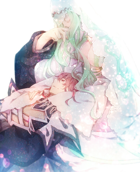 1boy, 1girl, arm_up, breasts, closed_eyes, couple, creed_graphite, dress, flora_spodune, green_hair, hetero, kou_(01310808), long_hair, redhead, tales_of_(series), tales_of_hearts, veil