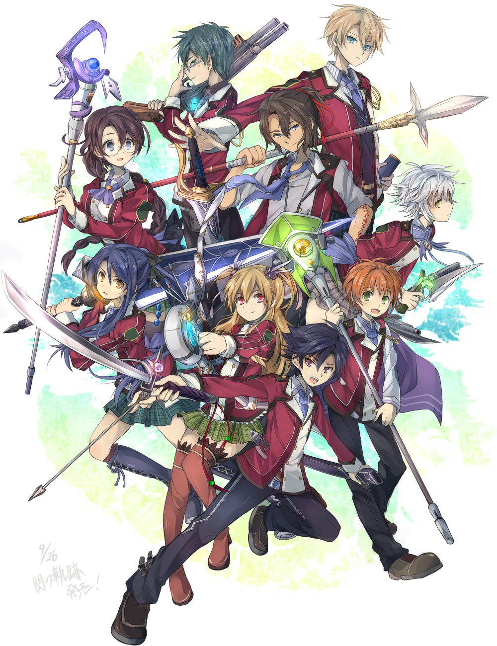 4girls, 5boys, adjusting_glasses, alisa_leinfort, blazer, blonde_hair, blue_eyes, boots, bow_(weapon), braid, brown_eyes, brown_hair, brown_legwear, dated, eiyuu_densetsu, eliot_craig, emma_millstein, enoki_nai, everyone, expressionless, falcom, fie_claussell, gaius_worzel, glasses, green_eyes, green_hair, gun, highres, huge_weapon, jusis_albarea, knee_boots, laura_s._arzeid, long_hair, machias_regnitz, messy_hair, multicolored_background, multiple_boys, multiple_girls, necktie, orange_hair, over_shoulder, pants, polearm, ponytail, purple_hair, rean_schwartzer, red_eyes, sen_no_kiseki, shoes, short_hair, skirt, smile, spear, staff, sword, thigh-highs, thigh_boots, two_side_up, uniform, violet_eyes, weapon, white_hair, yellow_eyes