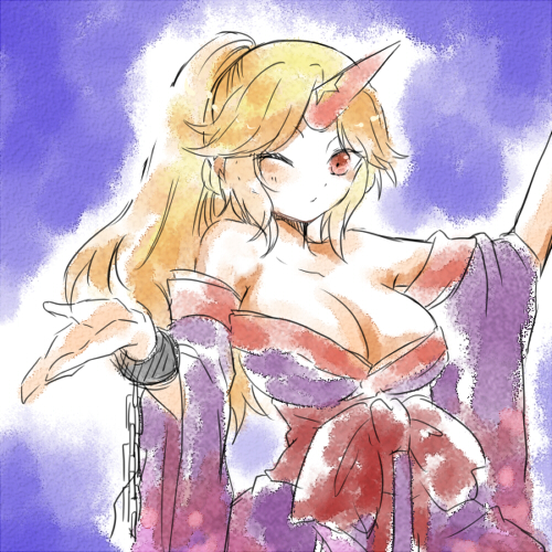 1girl, bare_shoulders, blue_eyes, breasts, horn, hoshiguma_yuugi, japanese_clothes, kimono, lowres, moryu, off_shoulder, ponytail, red_eyes, solo, touhou, wink