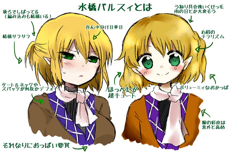 1girl, blonde_hair, blush, character_profile, diagram, dual_persona, green_eyes, mizuhashi_parsee